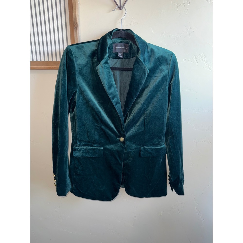Adrienne Vittadini Emerald Green Velvet Blazer Womens XS Gold Crest Button